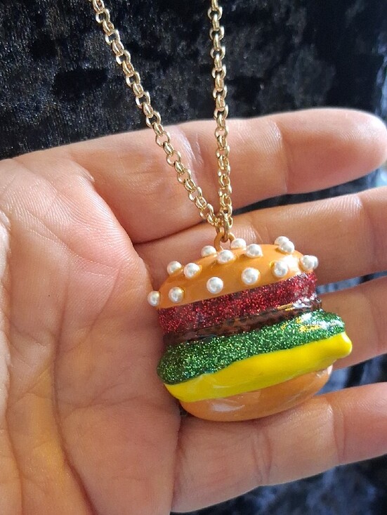Betsey Johnson Jewelry - Betsey Johnson Gold-Tone Necklace with Pearl Topping and Multicolor Burger Charm